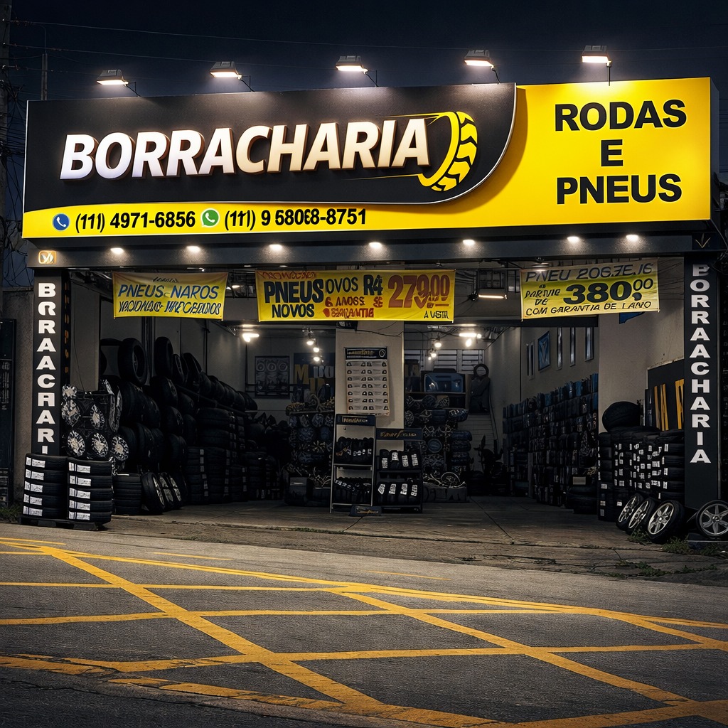 Fachada da MP Borracharia com letreiro Rodas e Pneus iluminado